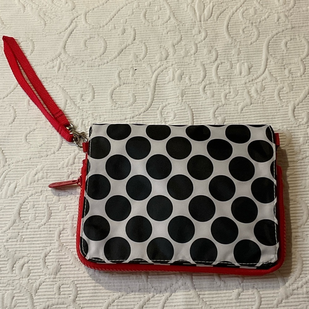 thirty-one Black Polka Dot Wristlet with Red Accents expandable